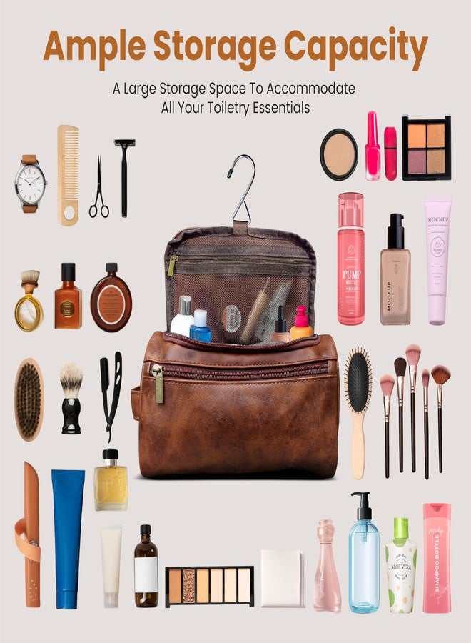 DRAVINA Travel Toiletry Pouch for Men & Women with Mesh & Hook Attachment| 25Cm Water Resistant PU Leather Vanity Case, Toiletry Kit, Travel Shaving Kit, Makeup & Cosmetic Organizer - Classic Brown - Image 5