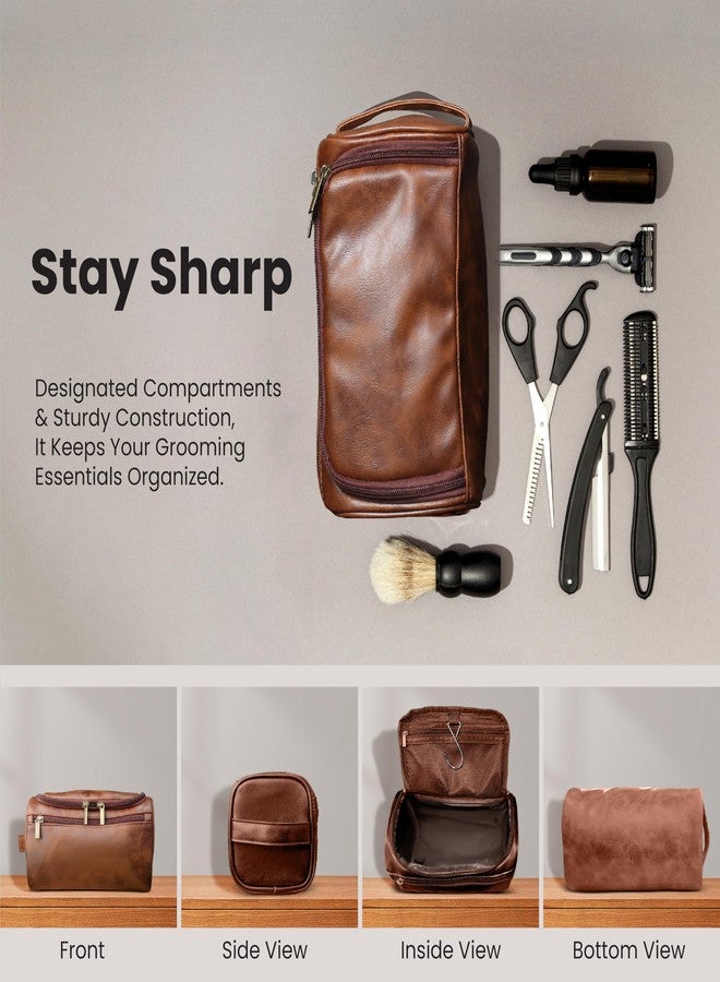 DRAVINA Travel Toiletry Pouch for Men & Women with Mesh & Hook Attachment| 25Cm Water Resistant PU Leather Vanity Case, Toiletry Kit, Travel Shaving Kit, Makeup & Cosmetic Organizer - Classic Brown - Image 4