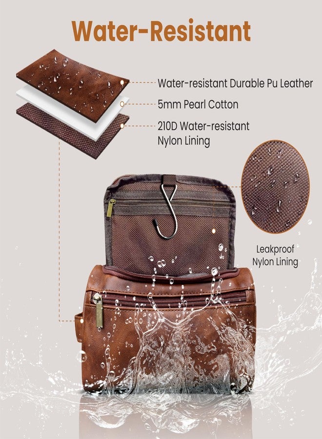 DRAVINA Travel Toiletry Pouch for Men & Women with Mesh & Hook Attachment| 25Cm Water Resistant PU Leather Vanity Case, Toiletry Kit, Travel Shaving Kit, Makeup & Cosmetic Organizer - Classic Brown - Image 2