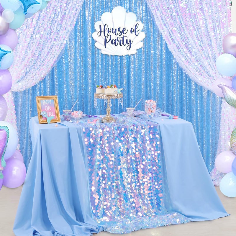 QueenDream Blue Sequin Mermaid Table Cloth: Iridescent Tablecloth for Birthday Ocean Themed Party Baby Shower Decorations 51x35 Inch - Image 4