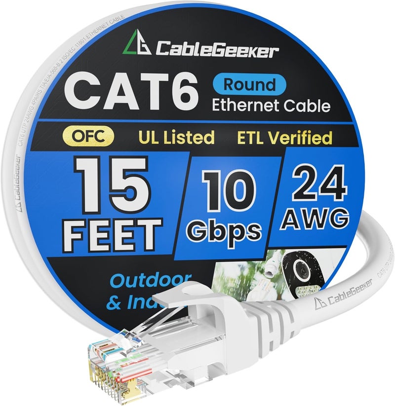 CableGeeker Cat 6 Ethernet Cable 15 ft, Indoor&Outdoor, High Speed 10Gbps 24AWG Pure Copper Internet Network Cable, Cat6 Ethernet Patch Cable Short, PoE Computer LAN Cable for Router, Modem, PS5/4, White - Image 1