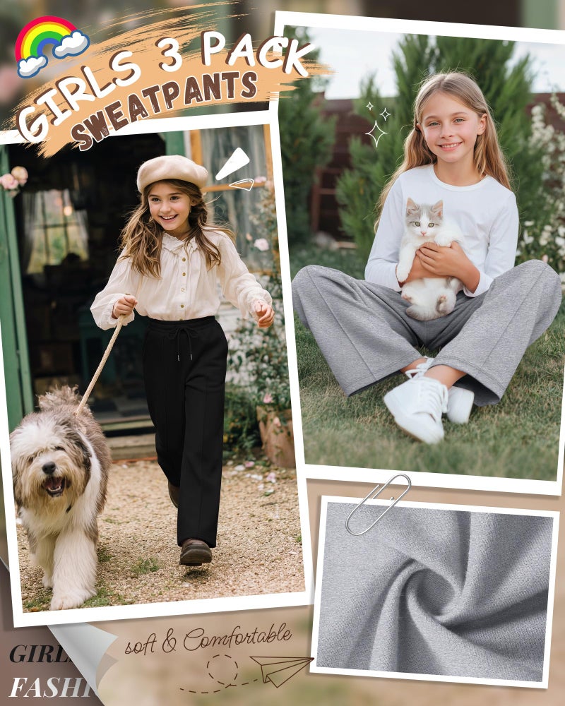 LessonZoo 3 Pack Girls Wide Leg Sweatpants Drawstring Baggy Pants Teen Girls Athletic Joggers Pants with Pockets 5-14Y(Khaki, Light Heather Gray, Black,9-10 Years) - Image 3