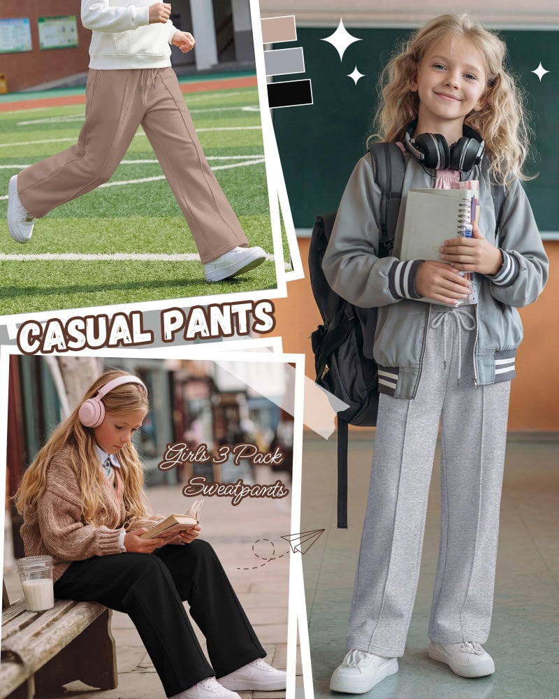 LessonZoo 3 Pack Girls Wide Leg Sweatpants Drawstring Baggy Pants Teen Girls Athletic Joggers Pants with Pockets 5-14Y(Khaki, Light Heather Gray, Black,9-10 Years) - Image 4