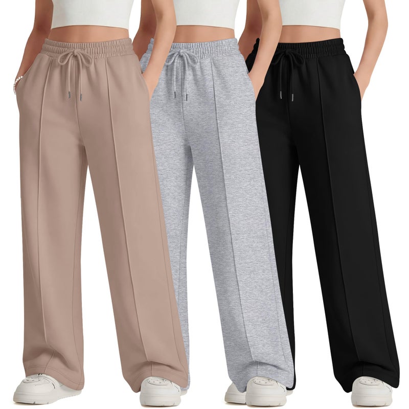 LessonZoo 3 Pack Girls Wide Leg Sweatpants Drawstring Baggy Pants Teen Girls Athletic Joggers Pants with Pockets 5-14Y(Khaki, Light Heather Gray, Black,9-10 Years) - Image 1