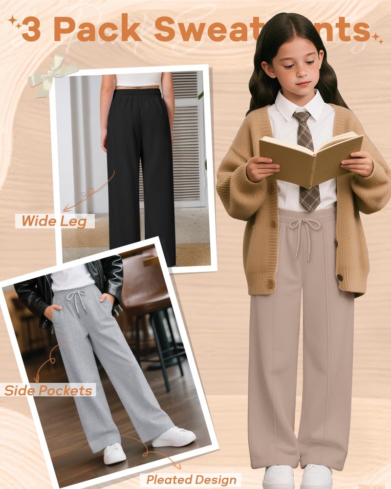 LessonZoo 3 Pack Girls Wide Leg Sweatpants Drawstring Baggy Pants Teen Girls Athletic Joggers Pants with Pockets 5-14Y(Khaki, Light Heather Gray, Black,9-10 Years) - Image 5
