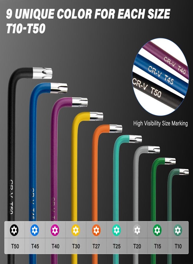 HAUTMEC طقم مفاتيح ألين توركس من هاوتمي، طقم مفاتيح ألين ستار من 9 قطع، طقم مفاتيح ألين ستار من T10 إلى T50 مع ترميز مرئي، فولاذ CR-V، رؤوس مثقبة ومقابض ملونة مانعة للانزلاق لإصلاح السيارات والدراجات والأثاث - Image 2