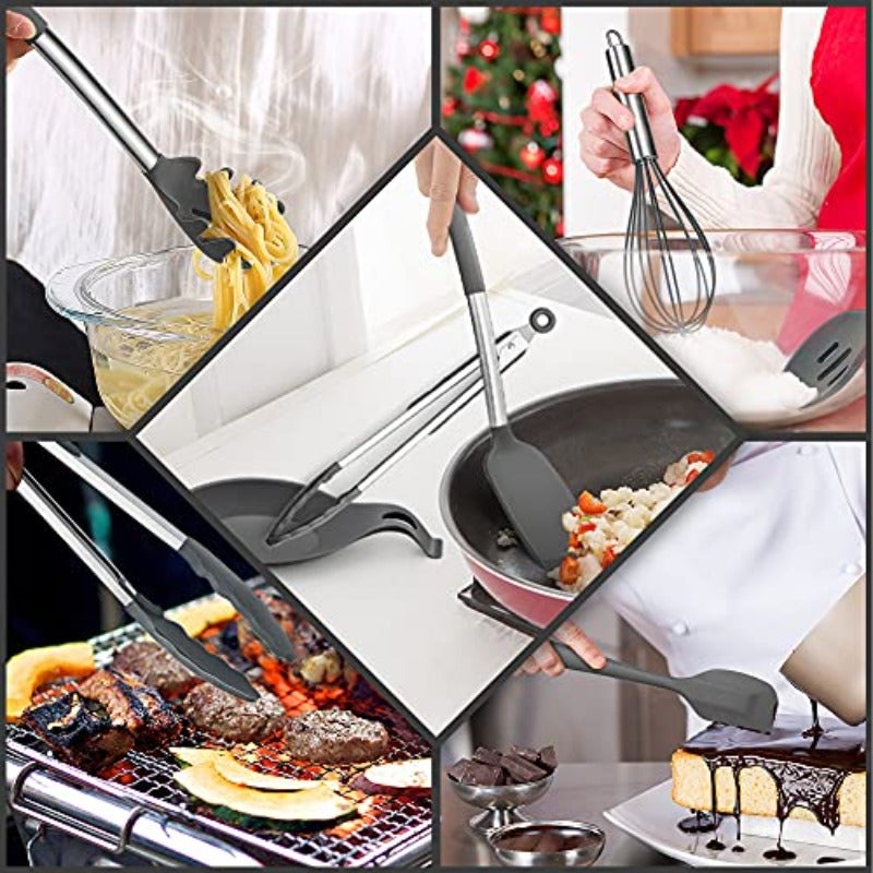 Silicone Kitchen Utensils Set E-far 30-Piece Cooking Utensils Set with Holder Heat Resistant Kitchen Spatulas Turner Tong Spoon Whisk Ladle for Nonstick Cookware Stainless Steel Handle Gray - Image 4