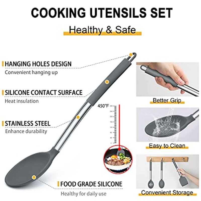 Silicone Kitchen Utensils Set E-far 30-Piece Cooking Utensils Set with Holder Heat Resistant Kitchen Spatulas Turner Tong Spoon Whisk Ladle for Nonstick Cookware Stainless Steel Handle Gray - Image 3