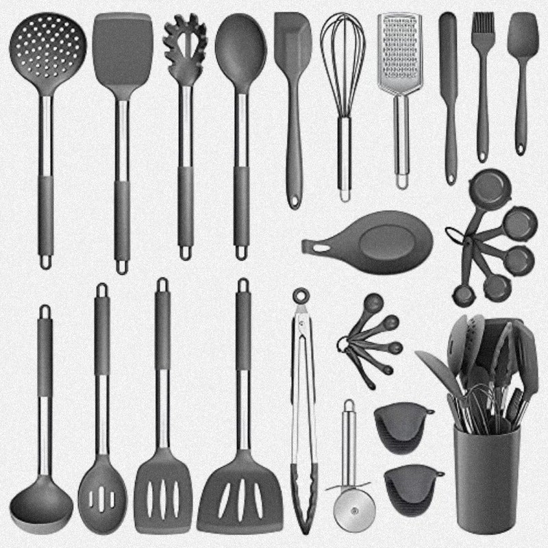 Silicone Kitchen Utensils Set E-far 30-Piece Cooking Utensils Set with Holder Heat Resistant Kitchen Spatulas Turner Tong Spoon Whisk Ladle for Nonstick Cookware Stainless Steel Handle Gray - Image 1