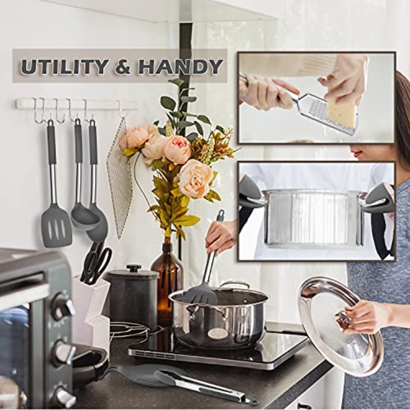 Silicone Kitchen Utensils Set E-far 30-Piece Cooking Utensils Set with Holder Heat Resistant Kitchen Spatulas Turner Tong Spoon Whisk Ladle for Nonstick Cookware Stainless Steel Handle Gray - Image 5