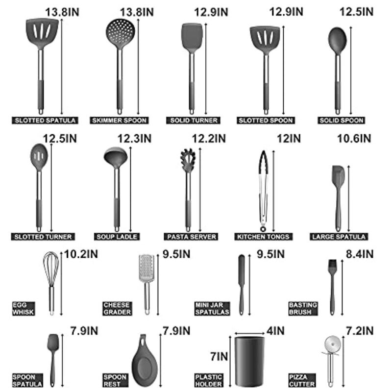 Silicone Kitchen Utensils Set E-far 30-Piece Cooking Utensils Set with Holder Heat Resistant Kitchen Spatulas Turner Tong Spoon Whisk Ladle for Nonstick Cookware Stainless Steel Handle Gray - Image 2