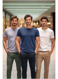 trendyol Grey-Ecru-Indigo Basic Slim/Narrow Fit 100% Cotton 3-Pack Crew Neck T-Shirt TMNSS19BO0007  - Image 1