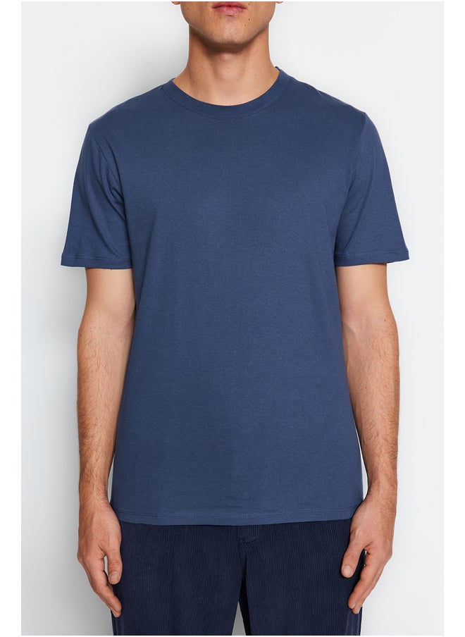 trendyol Grey-Ecru-Indigo Basic Slim/Narrow Fit 100% Cotton 3-Pack Crew Neck T-Shirt TMNSS19BO0007  - Image 4
