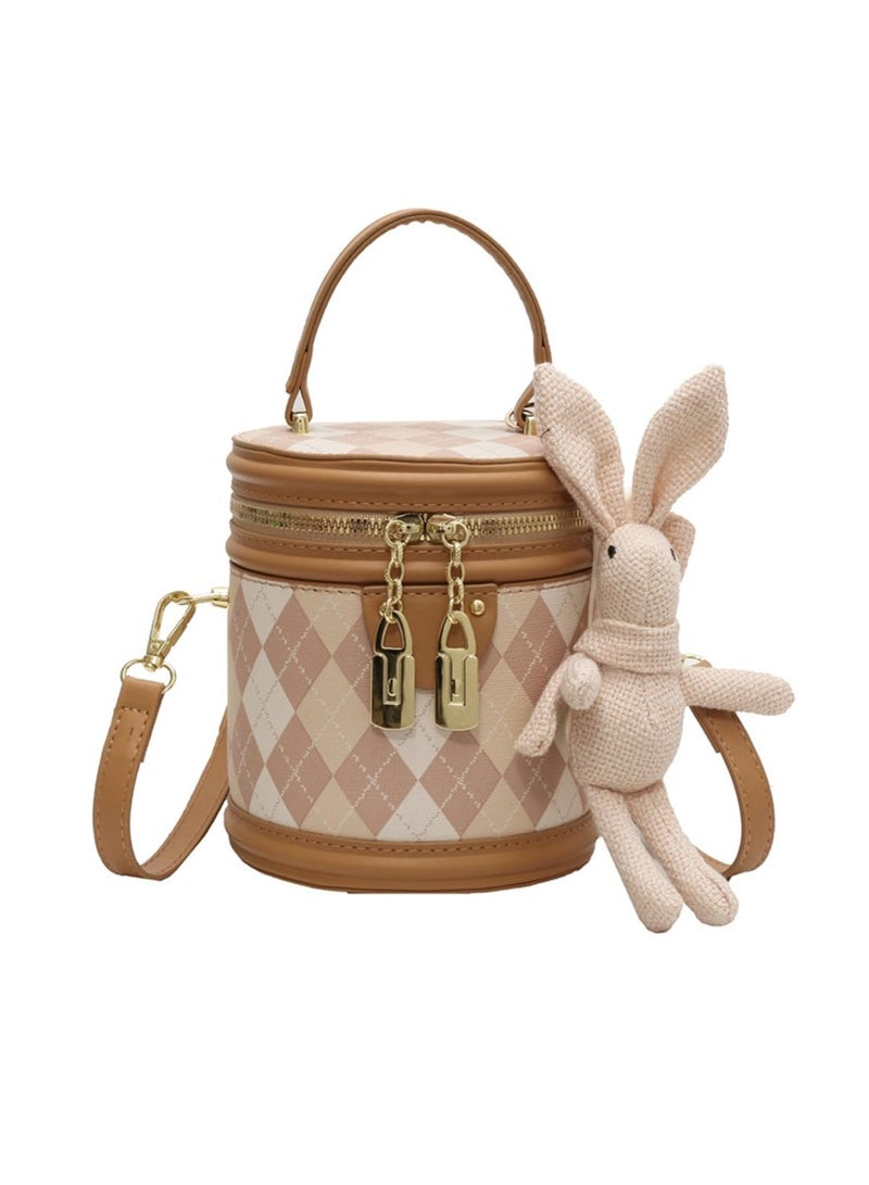 KASTWAVE Women Quilted Lattice Crossbody Bag, Faux Leather Bucket Bag Shoulder Bag, Small Tote Square Satchel Handbags with Bunny Doll Pendant, Suitable for Traveling, Shopping - Image 1