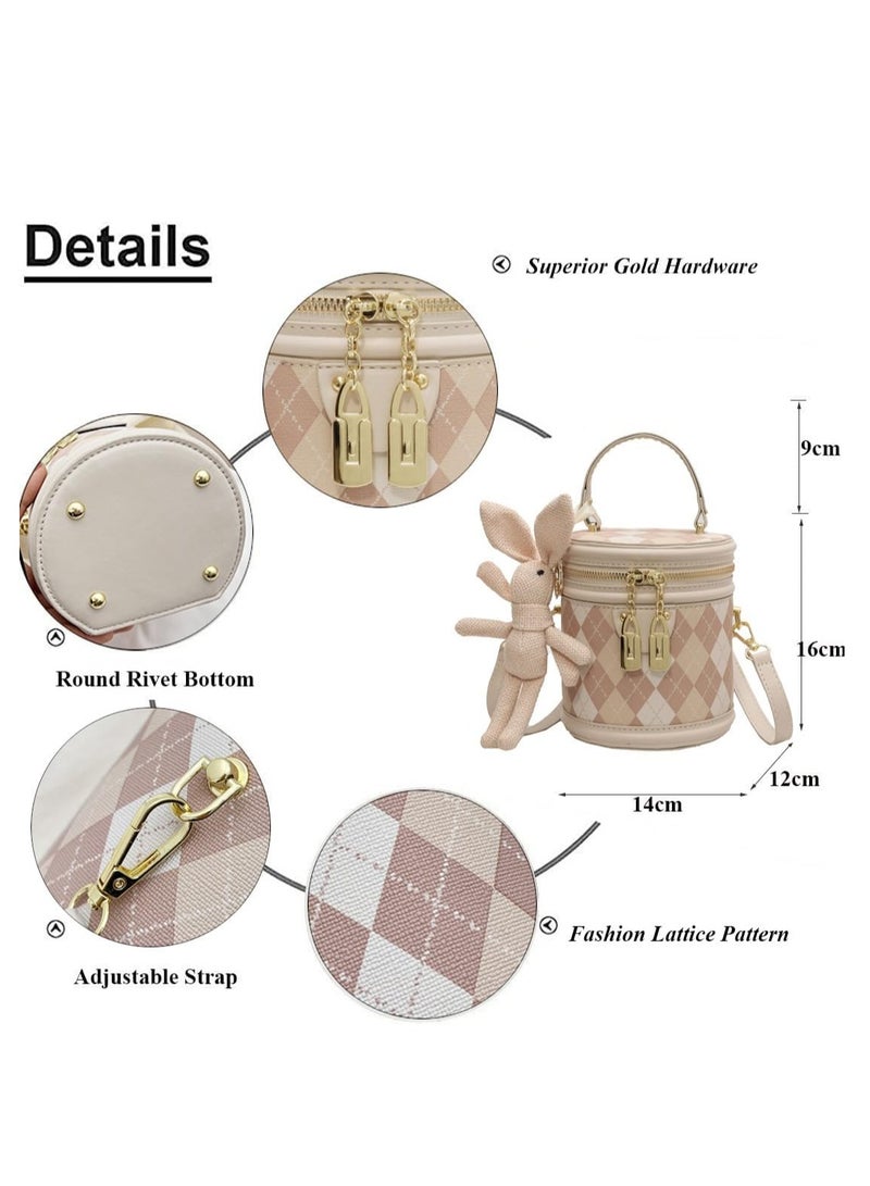 KASTWAVE Women Quilted Lattice Crossbody Bag, Faux Leather Bucket Bag Shoulder Bag, Small Tote Square Satchel Handbags with Bunny Doll Pendant, Suitable for Traveling, Shopping - Image 2