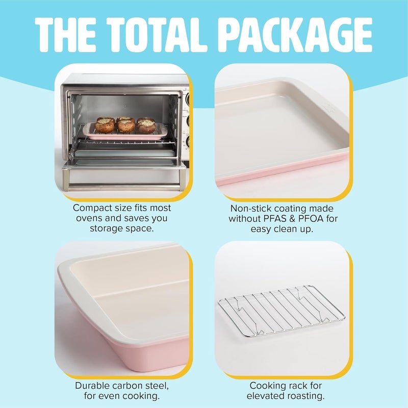 Tasty Nonstick Toaster Oven Baking Set Includes Cake Pan, Oven Tray, Rack, Carbon Steel Bakeware, 3-Piece Set, Pink - Image 3