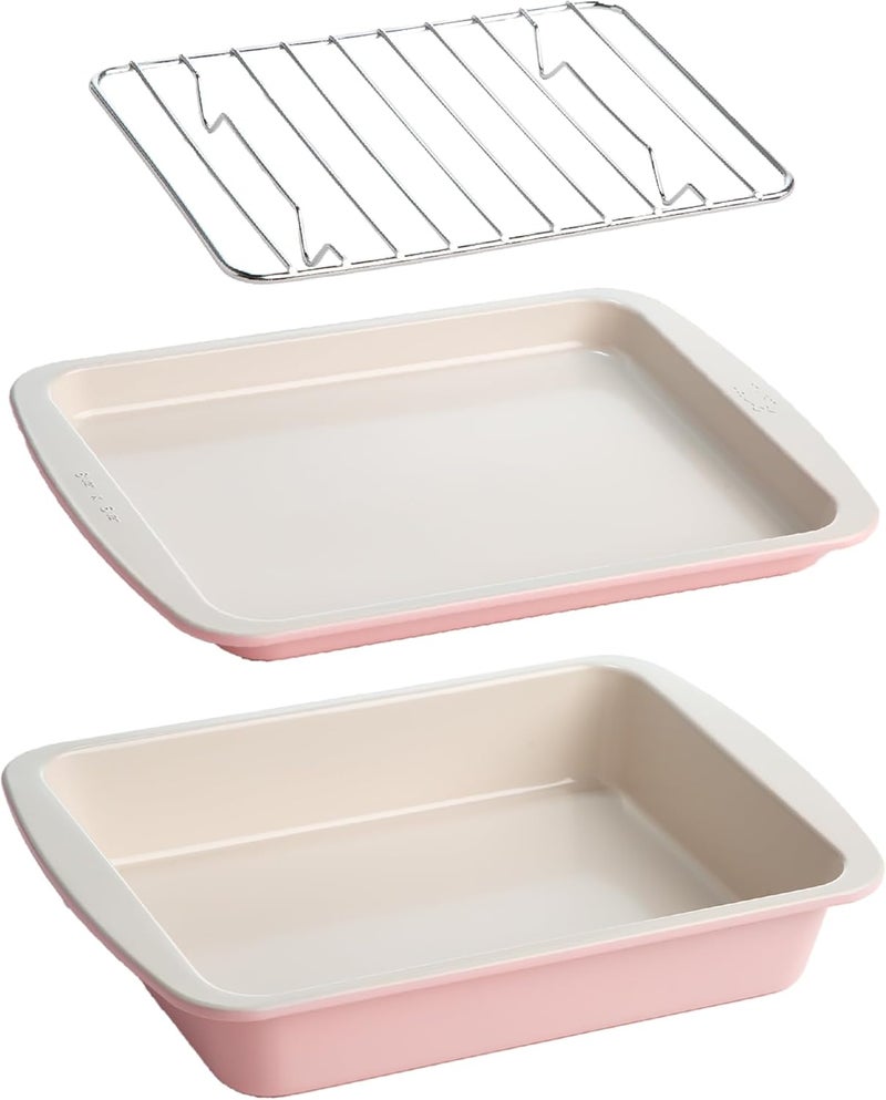 Tasty Nonstick Toaster Oven Baking Set Includes Cake Pan, Oven Tray, Rack, Carbon Steel Bakeware, 3-Piece Set, Pink - Image 1