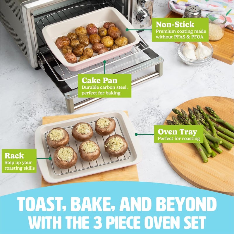 Tasty Nonstick Toaster Oven Baking Set Includes Cake Pan, Oven Tray, Rack, Carbon Steel Bakeware, 3-Piece Set, Pink - Image 2