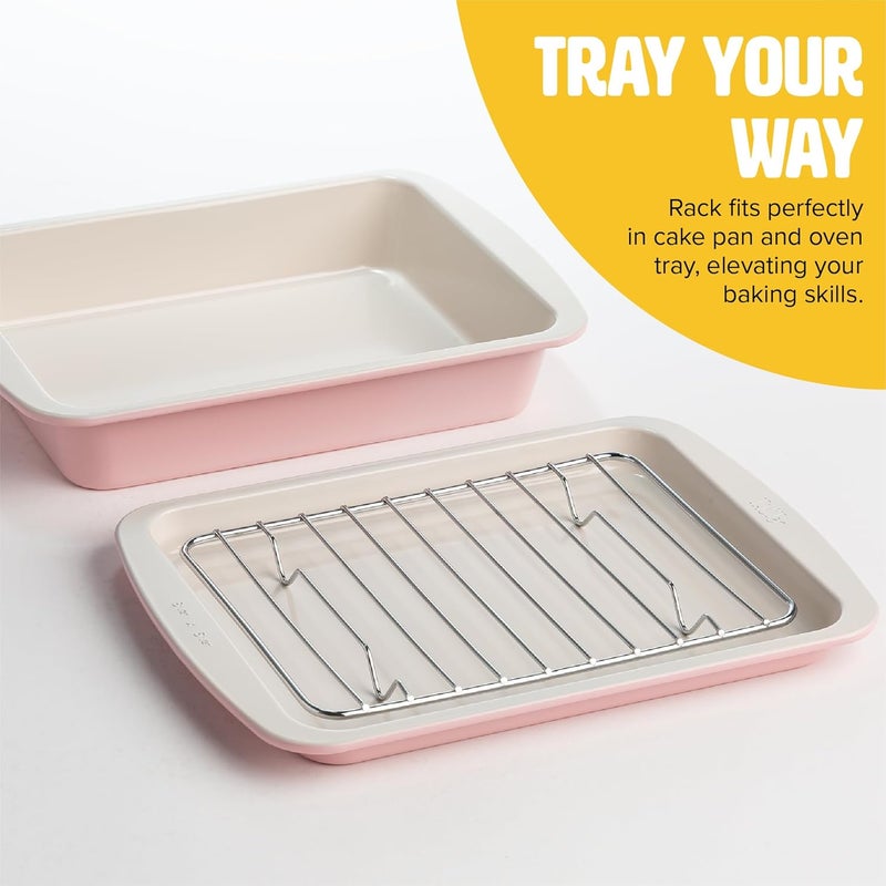 Tasty Nonstick Toaster Oven Baking Set Includes Cake Pan, Oven Tray, Rack, Carbon Steel Bakeware, 3-Piece Set, Pink - Image 5