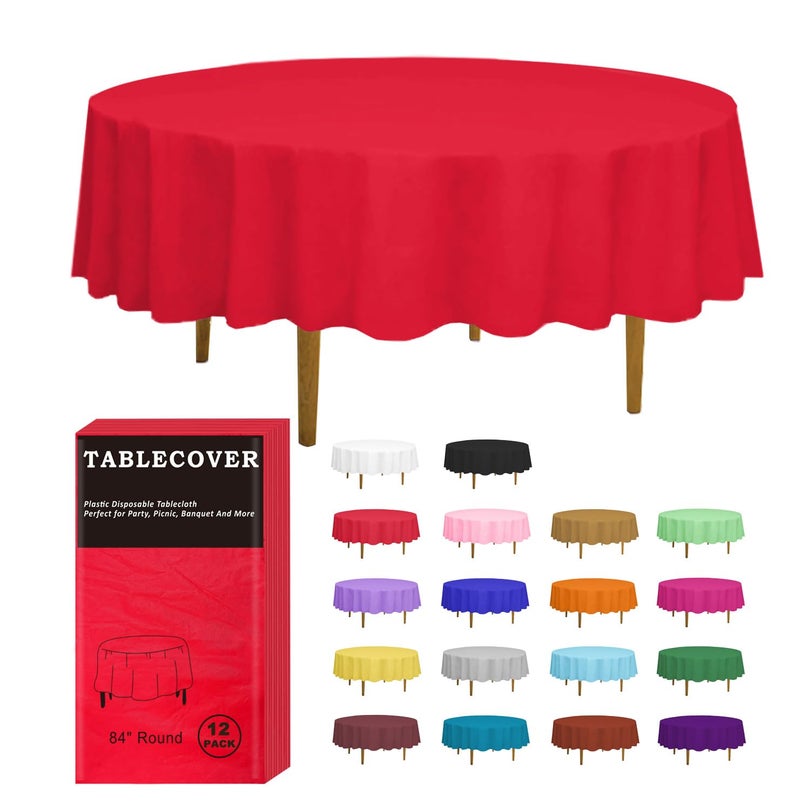 DZ Plastic Table Cloth Disposable 12 Pack Red Round Tablecloth Individually Wrapped for IndoorOutdoor 84 Inch Table Cover for Party Picnic Birthday Wedding Dinner
