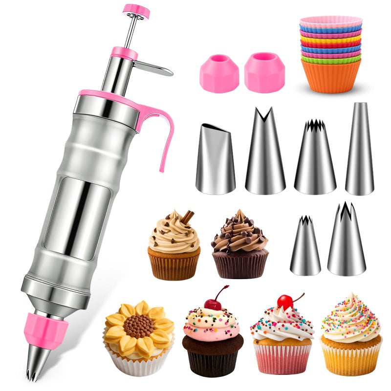 Hendiy Dessert Decorating Syringe Set, Frosting Piping Kit Stainless Steels Cake Decorating Kit with 6 Piping Tips & 9 silicone cupcakes, Cupcake Decorating Kit Piping Bags and Tips Set - Image 1