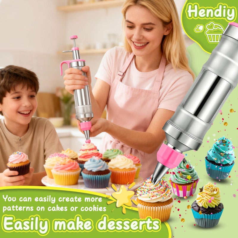 Hendiy Dessert Decorating Syringe Set, Frosting Piping Kit Stainless Steels Cake Decorating Kit with 6 Piping Tips & 9 silicone cupcakes, Cupcake Decorating Kit Piping Bags and Tips Set - Image 2