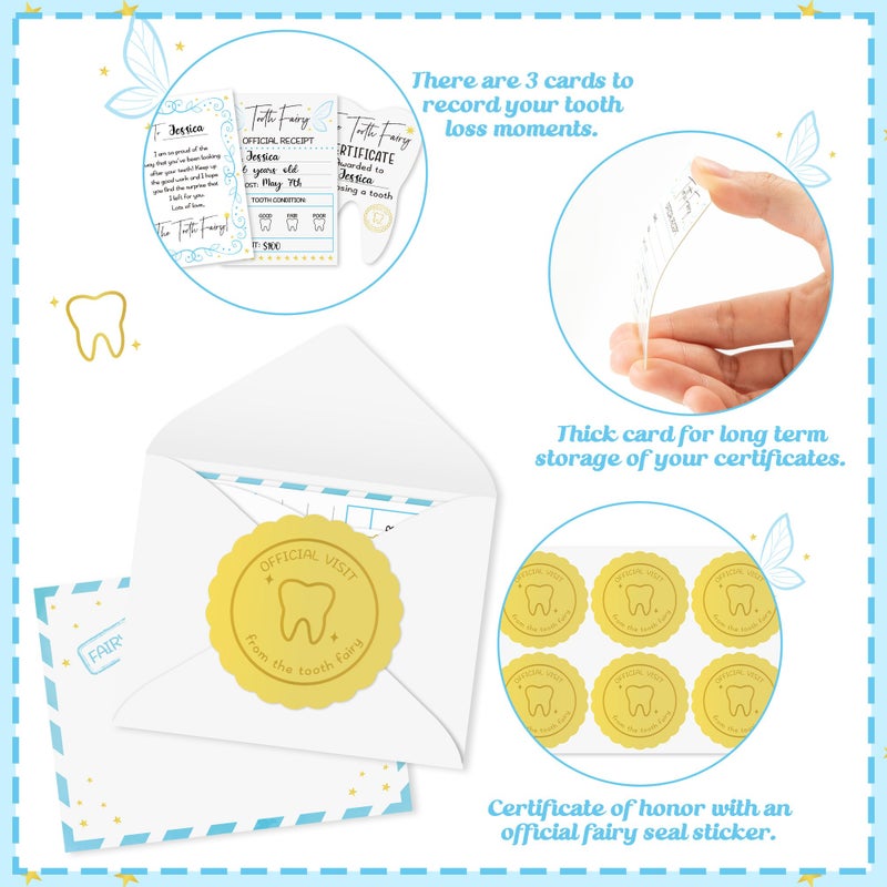 QIMGIC Mini Tooth Receipt Set - 20 Set Blue Tooth Cards with Envelope and Fairy Letter for Kids, Lost Teeth Certificate Keepsake Postmark Gift Bag with Seal Stickers for Girls Boys Home School Award - Image 3