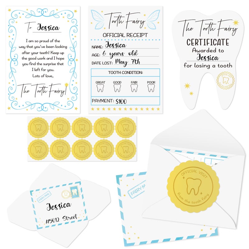 QIMGIC Mini Tooth Receipt Set - 20 Set Blue Tooth Cards with Envelope and Fairy Letter for Kids, Lost Teeth Certificate Keepsake Postmark Gift Bag with Seal Stickers for Girls Boys Home School Award - Image 1