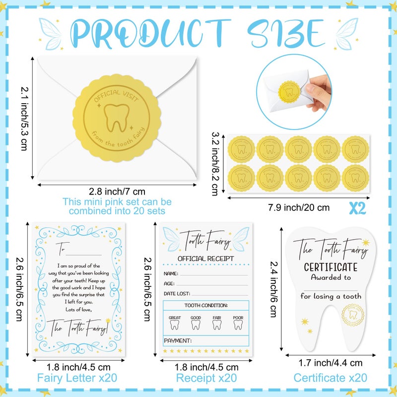 QIMGIC Mini Tooth Receipt Set - 20 Set Blue Tooth Cards with Envelope and Fairy Letter for Kids, Lost Teeth Certificate Keepsake Postmark Gift Bag with Seal Stickers for Girls Boys Home School Award - Image 2