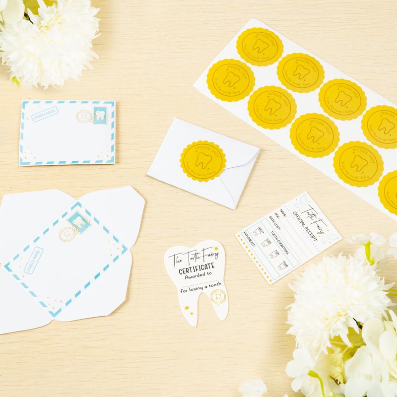 QIMGIC Mini Tooth Receipt Set - 20 Set Blue Tooth Cards with Envelope and Fairy Letter for Kids, Lost Teeth Certificate Keepsake Postmark Gift Bag with Seal Stickers for Girls Boys Home School Award - Image 4
