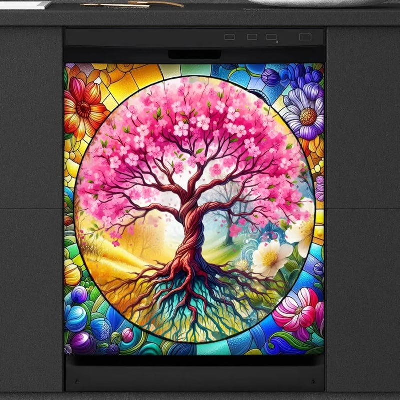 cfpolar Dishwasher Magnet Cover Tree of Life Flower Dishwasher Magnets Decorative Cover Reusable Magnetic Sticker Panel Decal Refrigerator Kitchen Appliance Decor Front Dishwashers Covers 23" x 26" - Image 1