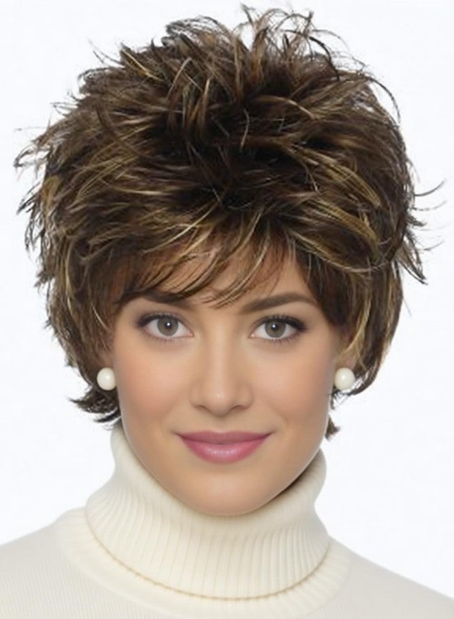 TISHINING Short Brown Mixed Blonde Highlight Pixie Cut Wigs for White Women Shaggy Layered Mixed Blonde Wavy Wig with Bangs Natural Looking Synthetic Hair Replacement Wig - Image 1