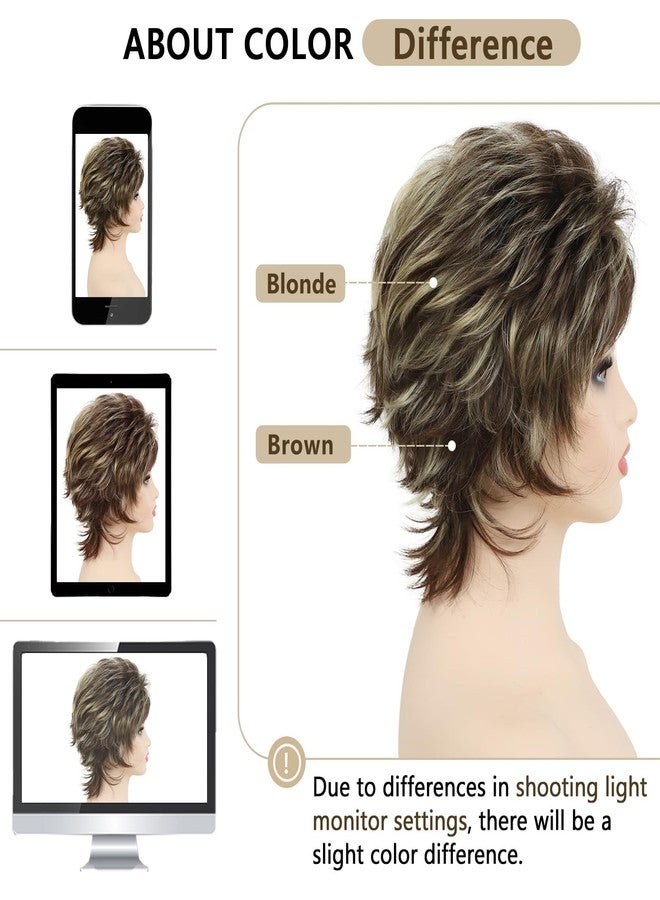 TISHINING Short Brown Mixed Blonde Highlight Pixie Cut Wigs for White Women Shaggy Layered Mixed Blonde Wavy Wig with Bangs Natural Looking Synthetic Hair Replacement Wig - Image 3