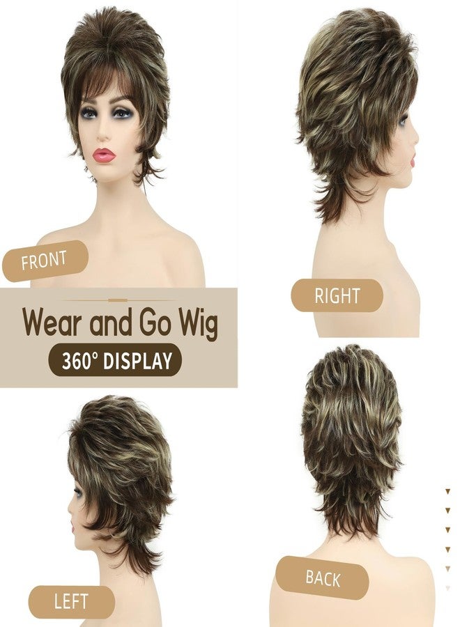 TISHINING Short Brown Mixed Blonde Highlight Pixie Cut Wigs for White Women Shaggy Layered Mixed Blonde Wavy Wig with Bangs Natural Looking Synthetic Hair Replacement Wig - Image 2