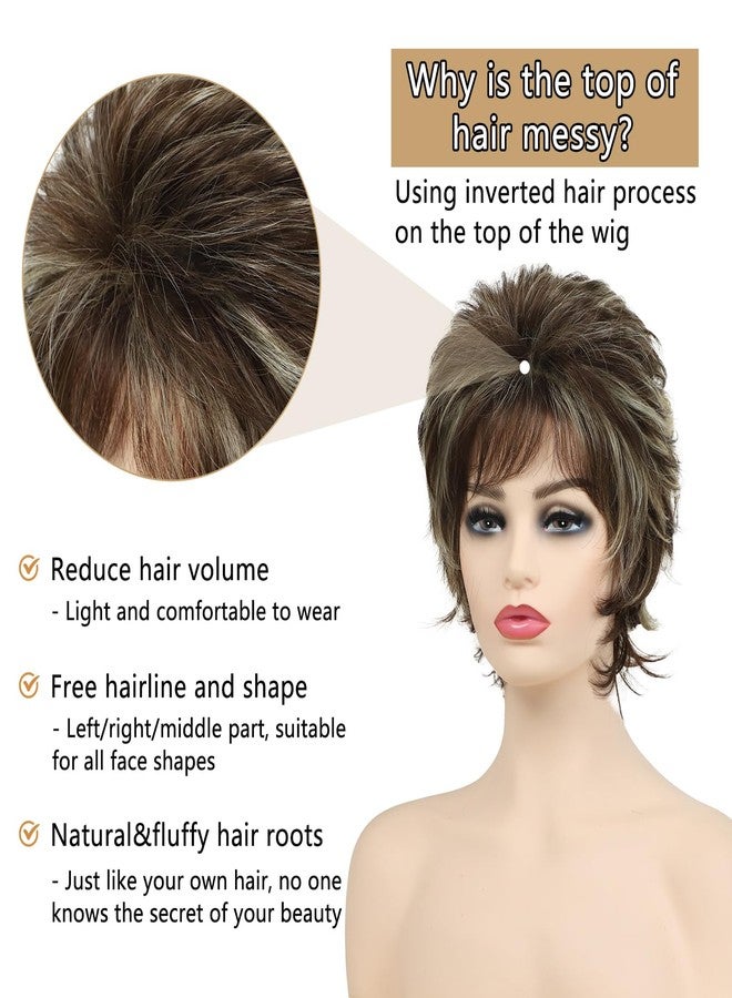 TISHINING Short Brown Mixed Blonde Highlight Pixie Cut Wigs for White Women Shaggy Layered Mixed Blonde Wavy Wig with Bangs Natural Looking Synthetic Hair Replacement Wig - Image 5