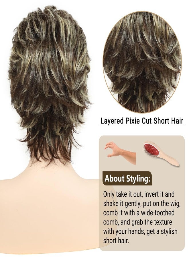 TISHINING Short Brown Mixed Blonde Highlight Pixie Cut Wigs for White Women Shaggy Layered Mixed Blonde Wavy Wig with Bangs Natural Looking Synthetic Hair Replacement Wig - Image 4
