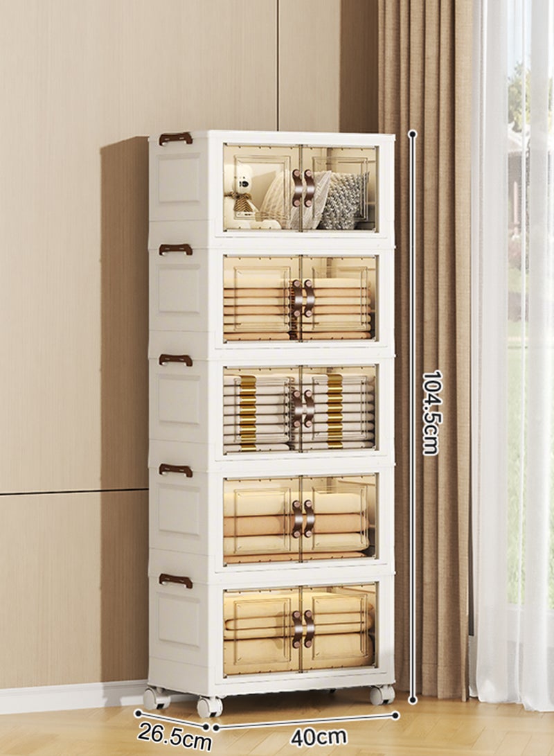 Ollieroo خزانة تخزين بلاستيكية قابلة للطي بخمسة طبقات مع عجلات – منظم PP بأبواب مغناطيسية شفافة، تصميم قابل للتكديس وتوفير المساحة للمطبخ أو غرفة النوم أو غرفة المعيشة، 40 × 26.5 × 104.5 سم - Image 2