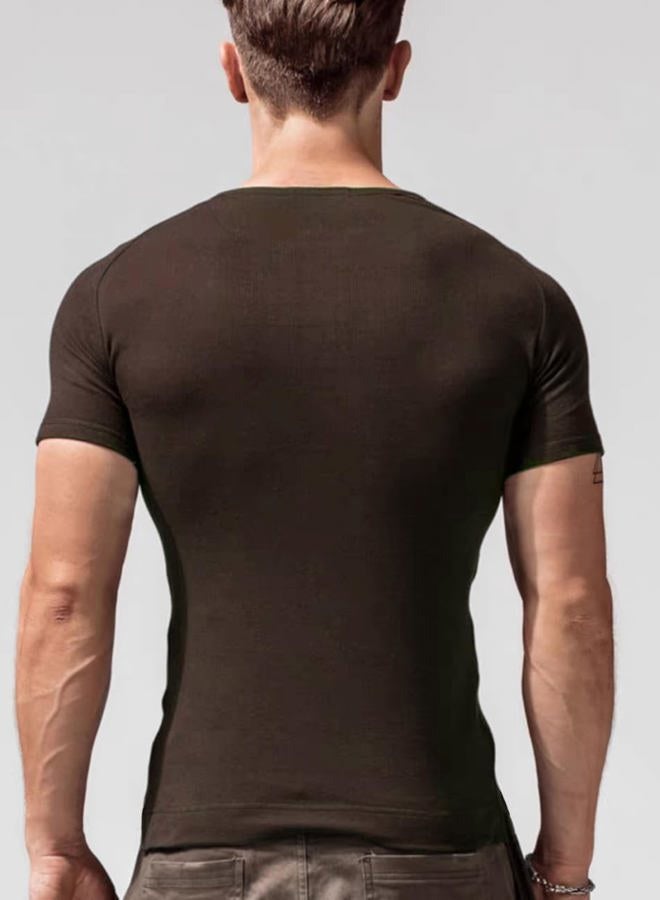 palglg Mens Cotton Muscle Slim Fitted Sport Henley T-Shirt with Button, Coffee, S - Image 2