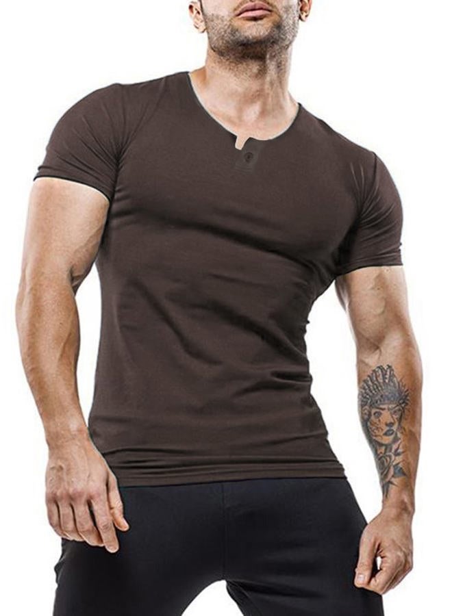 palglg Mens Cotton Muscle Slim Fitted Sport Henley T-Shirt with Button, Coffee, S - Image 1