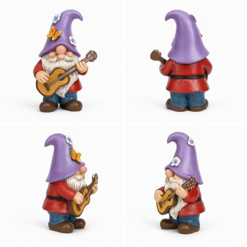 GoGnome Musical Gnome Figurine with Guitar – Handcrafted Resin Garden or Shelf Decoration, 6.2" Tall Whimsical Gnome Statue with Purple Hat, Flowers & Butterfly, Gift for Music Lovers (Purple) - Image 5
