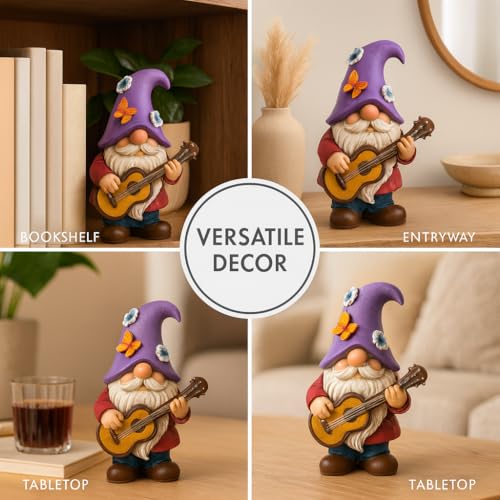 GoGnome Musical Gnome Figurine with Guitar – Handcrafted Resin Garden or Shelf Decoration, 6.2" Tall Whimsical Gnome Statue with Purple Hat, Flowers & Butterfly, Gift for Music Lovers (Purple) - Image 3