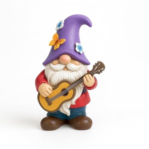 GoGnome Musical Gnome Figurine with Guitar – Handcrafted Resin Garden or Shelf Decoration, 6.2" Tall Whimsical Gnome Statue with Purple Hat, Flowers & Butterfly, Gift for Music Lovers (Purple) - Image 1