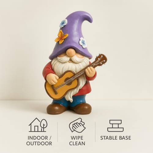 GoGnome Musical Gnome Figurine with Guitar – Handcrafted Resin Garden or Shelf Decoration, 6.2" Tall Whimsical Gnome Statue with Purple Hat, Flowers & Butterfly, Gift for Music Lovers (Purple) - Image 4