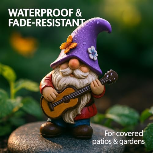 GoGnome Musical Gnome Figurine with Guitar – Handcrafted Resin Garden or Shelf Decoration, 6.2" Tall Whimsical Gnome Statue with Purple Hat, Flowers & Butterfly, Gift for Music Lovers (Purple) - Image 2