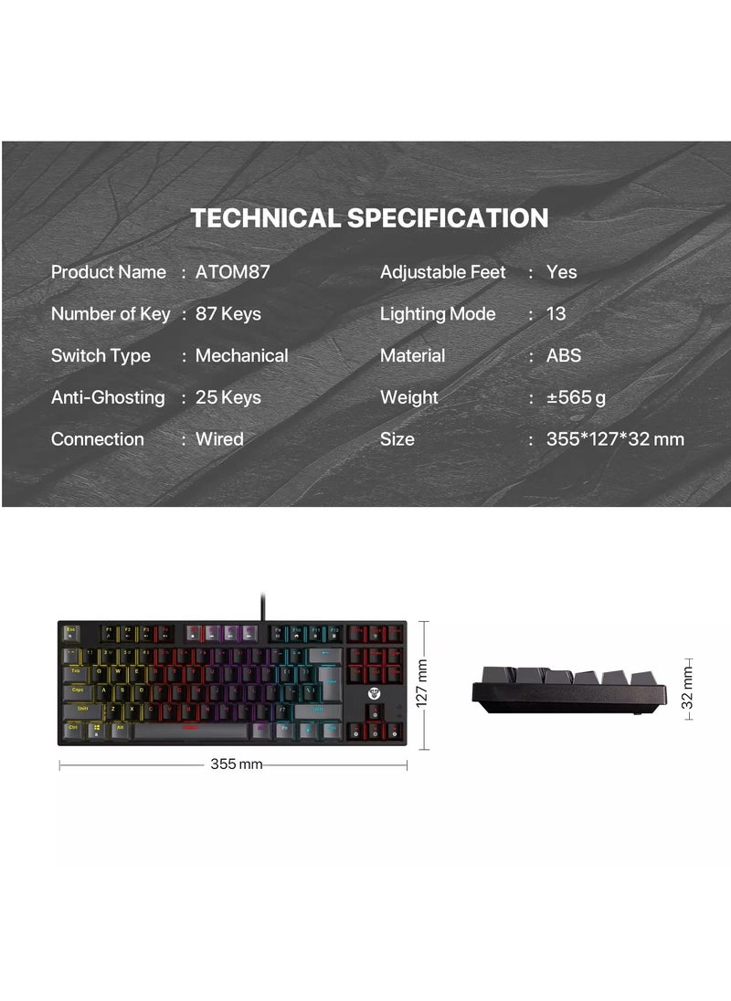 FANTECH - ATOM MK876 V2 TKL RGB Mechanical Gaming Keyboard - Hot-Swappable BLUE Switch (Black) - Image 1