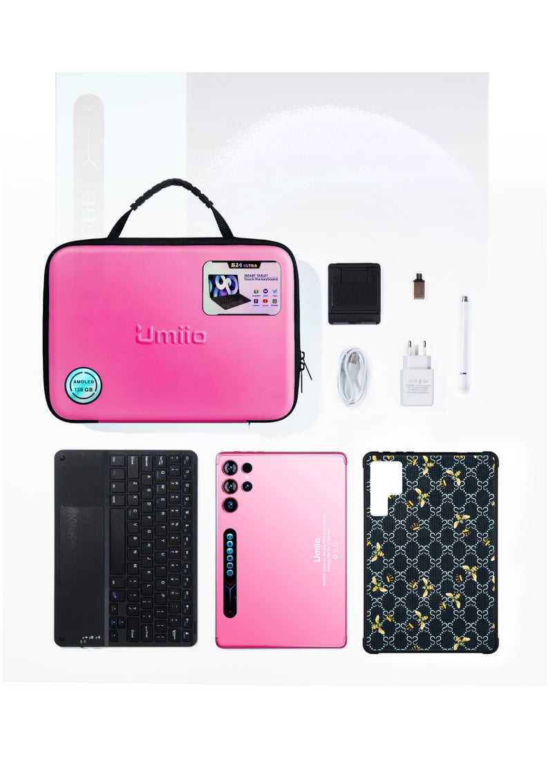Smart Tablet S24 Ultra 10.1-inch HD Display with Touchpad Keyboard/Case and EWB Handbag 12GB RAM 512GB ROM Dual SIM 5G Network Android WiFi GPS Slim Tab Pink