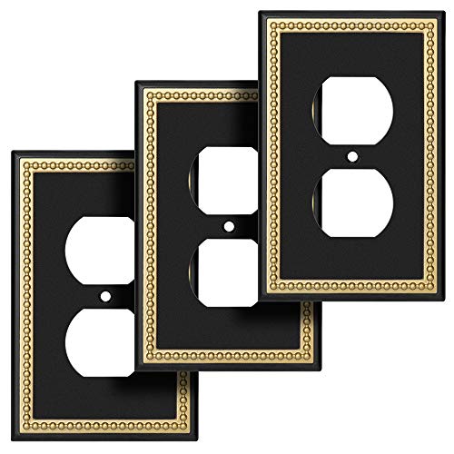Henne Bery Pearled Frame Decorative Wall Plate Switch Plate Outlet Cover (Single Duplex 3PK, Black & Dark Golden) - Image 1