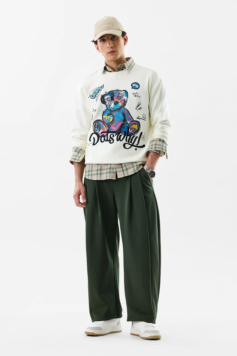 SNITCH Dark Green Textured Relaxed Casual Trousers