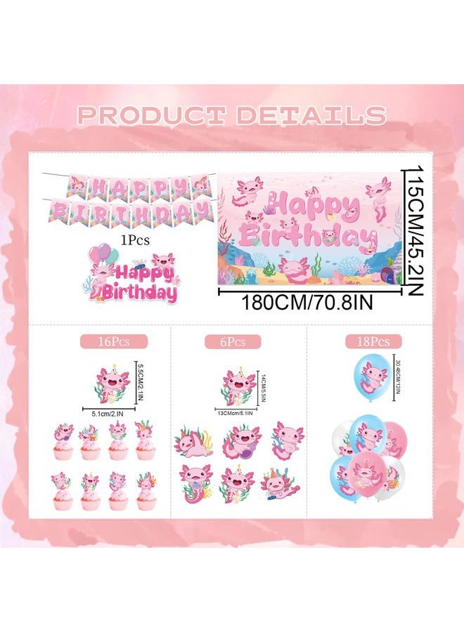 Refavor Axolotl Birthday Decorations Supplies, 44PCS Pink Axolotl Happy Birthday Decor Set for Girls, Includes Backdrop Banner Cupcake Topper Cake Topper Hanging Swirls Balloons - Image 2