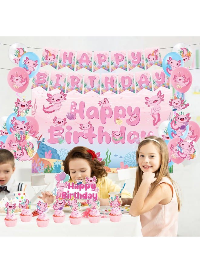 Refavor Axolotl Birthday Decorations Supplies, 44PCS Pink Axolotl Happy Birthday Decor Set for Girls, Includes Backdrop Banner Cupcake Topper Cake Topper Hanging Swirls Balloons - Image 5
